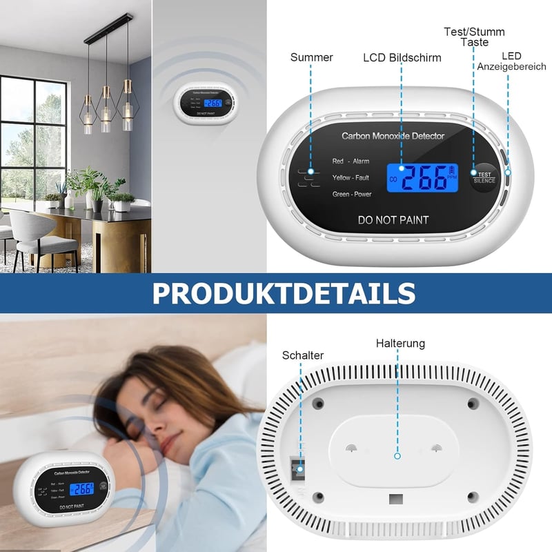 XINDUM LCD-s szénmonoxid riasztó 10 éves elemmel, otthoni használatra (fekete)
