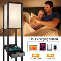 OUTON Fekete Állólámpa Polccal és Fiókkal - Fényerőszabályozós Fa Lámpa 3 Színhőmérséklettel, 2 USB Porttal, E27 Izzóval Nappaliba, Hálószob 3