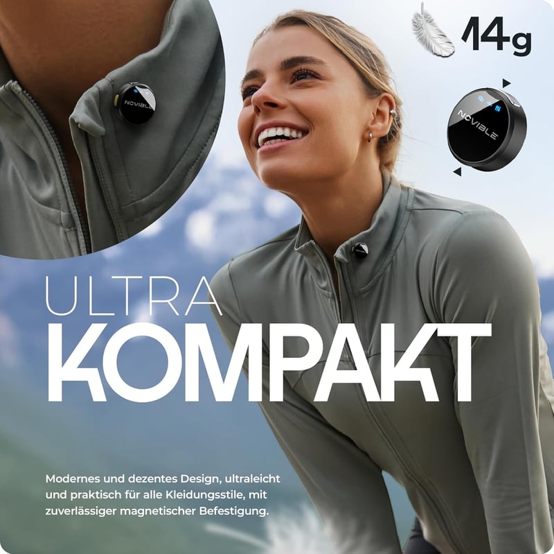 Novible Aura Lite Vezeték Nélküli Csíptetős Mikrofon iPhone, Android, Kamera és PC Eszközökhöz - 25 Órás Üzemidő, Zajszűrés, 100m Hatótáv
