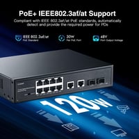 YuLinca 12 portos Gigabit PoE switch, 8 PoE+ port, 2 uplink, 2 SFP, 120W, ventilátor nélküli 3