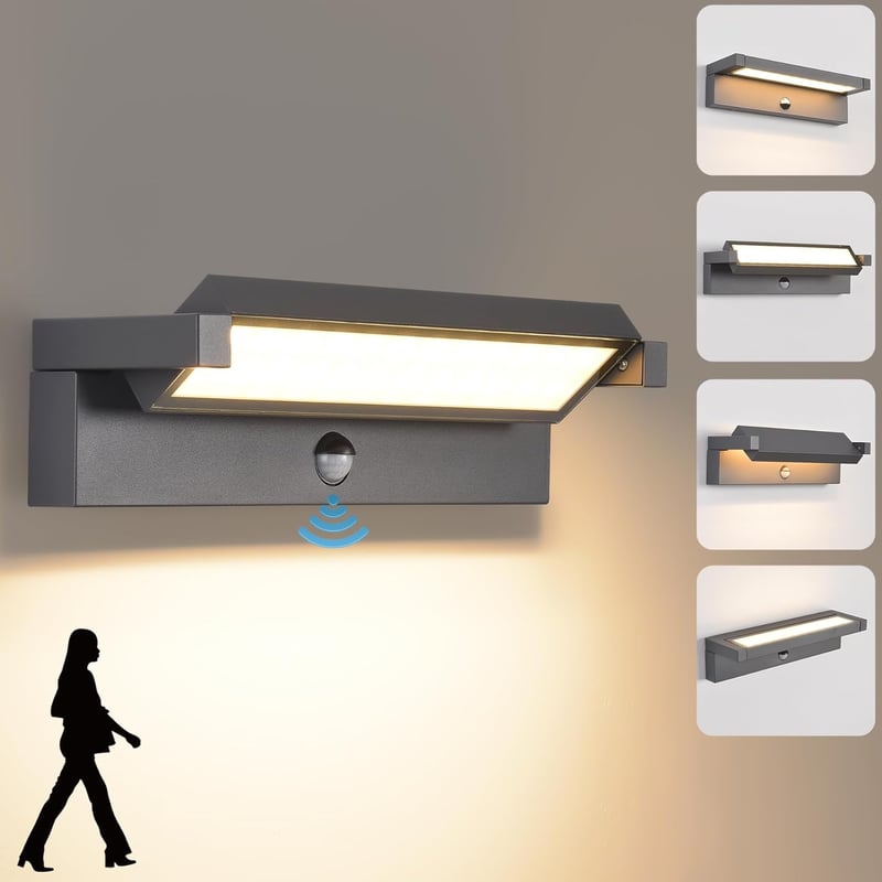 KUKAK 36W LED Kültéri Fali Lámpa Mozgásérzékelővel - IP65 Vízálló, 3000K Meleg Fehér, 350° Forgatható Panel, Alumínium, Kert, Terasz Világít