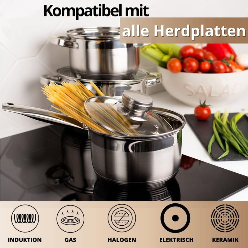 Daniks Rozsdamentes Acél Edénykészlet 3 Méretben, Indukciós Főzőlappal Kompatibilis, Üvegfedővel, 1.9L/2.9L/4.75L, Tésztafőző