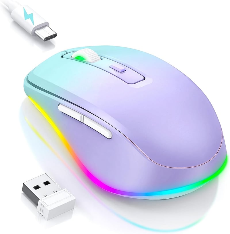Seenda LED Vezeték Nélküli Egér, Újratölthető Jiggler Funkcióval, Csendes 2.4G USB Egér Laptophoz, 2000 DPI, Világító, Világoszöld-Lila