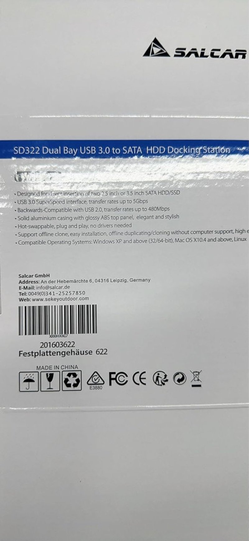 Salcar USB 3.0 HDD/SSD dokkoló állomás, 2 férőhelyes, klónozó funkcióval, 2x8TB