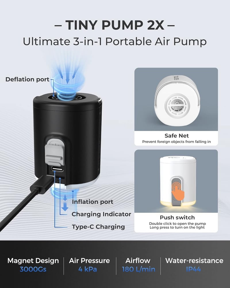 FlexTailGear Tiny Pump2 X - Kompakt elektromos pumpa 1300mAh akkuval, USB-s, matracokhoz