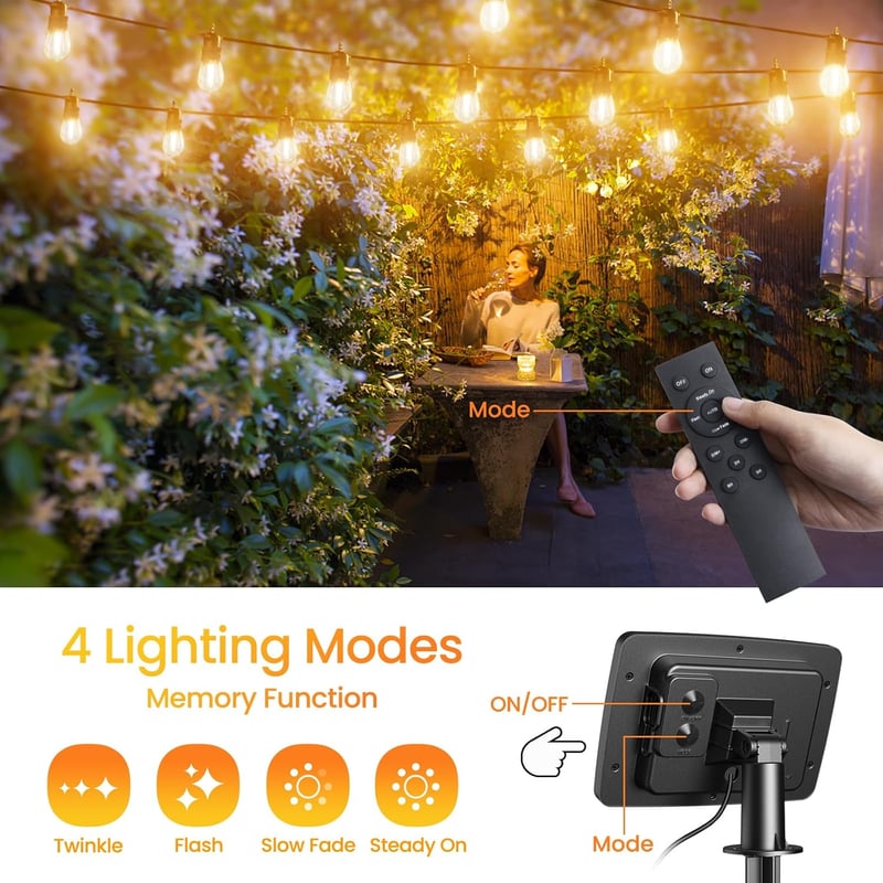GlobaLink Kültéri Napelemes Fényfüzér 17m - 15+1 LED Izzó, USB/Napelemes Töltés, 4 Üzemmód, Távirányítóval, Dimmelhető, Kerti, Erkély, Parti