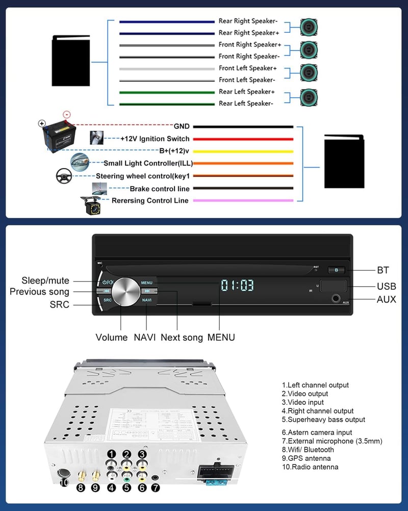 Hikity 1Din Android autórádió 7" kihúzható kijelzővel, GPS, Bluetooth, tolatókamera