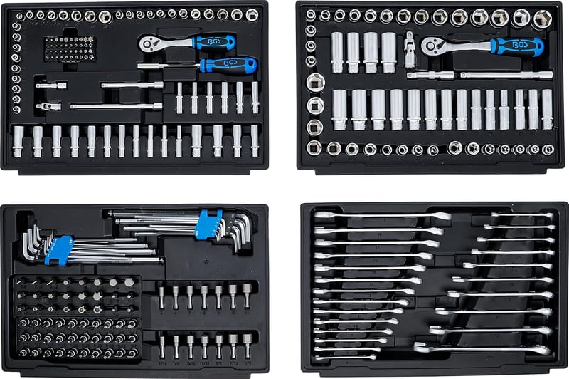 BGS 74000 Profi Dugókulcs Készlet 300 Részes - 1/4", 3/8", 1/2" Hajtásméretekkel, Metrikus és Colos Méretekkel, Króm Kivitel, Gumi Markolatt