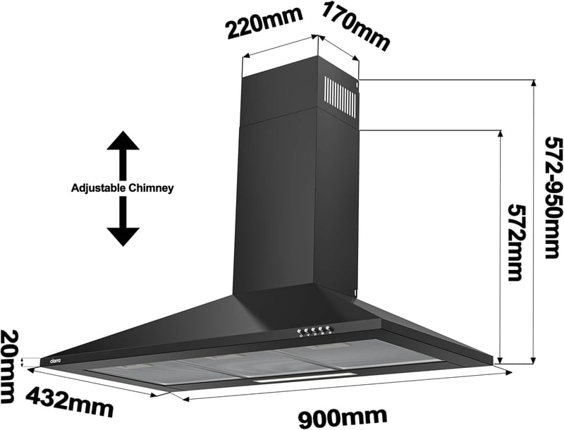 CIARRA 90 cm-es A++ energiaosztályú LED-es páraelszívó, szénszűrővel, fekete