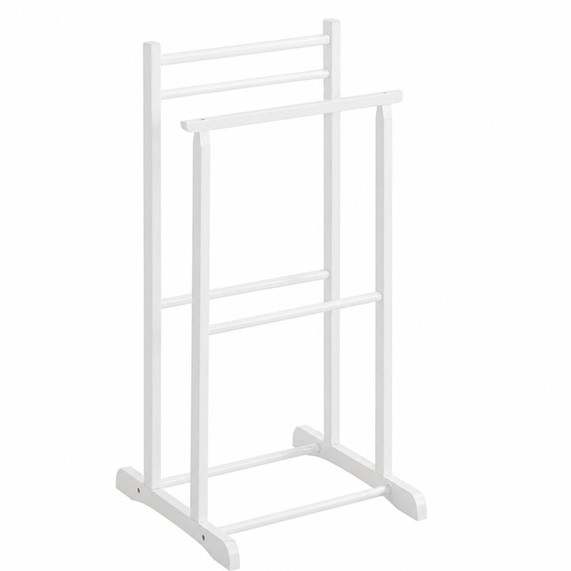 Stender pentru haine HAKU din lemn masiv - alb, 47x102x36 cm — lipsește piesa superioară pentru umeraș (stare: vezi a 2-a imagine)