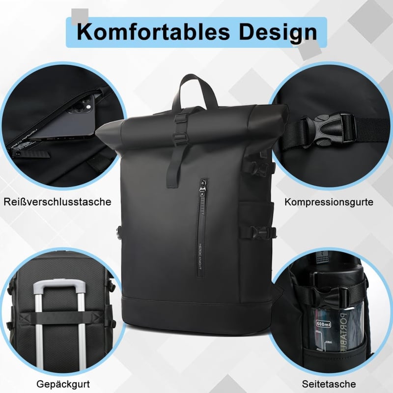 hk Rolltop Vízálló Hátizsák 27L - 15,6" Laptoptartóval, USB Porttal - Könnyű, Lopásbiztos Utazó/Iskolatáska Férfiaknak és Nőknek - Fekete