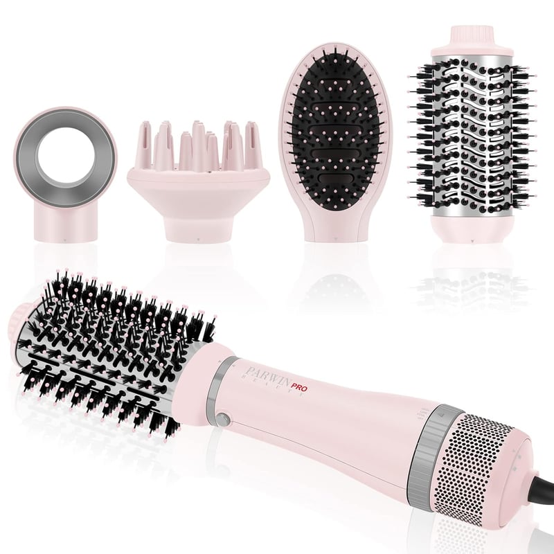 Parwin Pro Beauty 4 az 1-ben Hajszárító Készlet - Ionos Hajformázó Kefe 4 Tartozékkal Szárításhoz, Egyenesítéshez és Dúsításhoz - 1000W, Róz