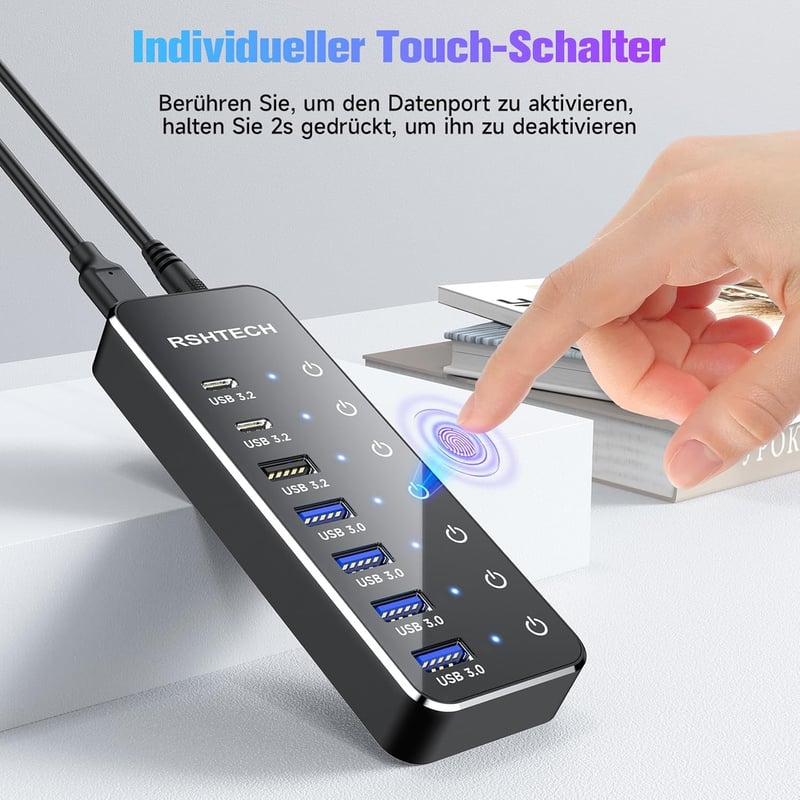 RSHTECH USB C 3.2 Hub 7 Portos Aktív Tápegységgel, 10 Gbps Adatátvitel, 3x Type-C + 4x USB 3.0 Port, Érintős Kapcsoló, 100cm Kábel