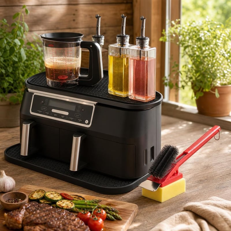 Airfryer-rendvarázs: szilikon alátét+polc + 1 l zsírelválasztó + olaj-ecet adagolók + grillkefe