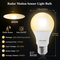 DiCUNO E27 LED Izzó Mozgásérzékelővel - 12W=100W, 1100LM, Meleg Fehér 3000K, 360° Radar Szenzor, Energiatakarékos, Beltéri-Kültéri, 2db Szet 2
