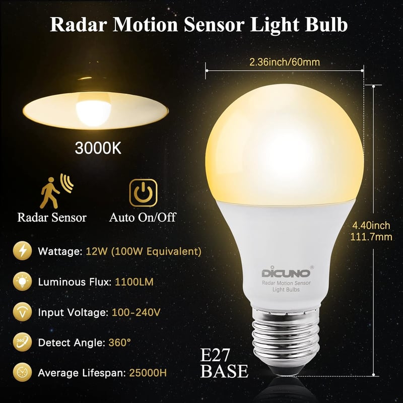 DiCUNO E27 LED Izzó Mozgásérzékelővel - 12W=100W, 1100LM, Meleg Fehér 3000K, 360° Radar Szenzor, Energiatakarékos, Beltéri-Kültéri, 2db Szet