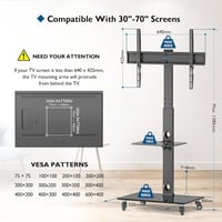 BONTEC Gurulós TV Állvány 30-70 Colos Képernyőkhöz, 40 kg Teherbírással, 6 Magasságállítással, 2 Edzett Üvegpolccal, VESA 600x400 mm 7