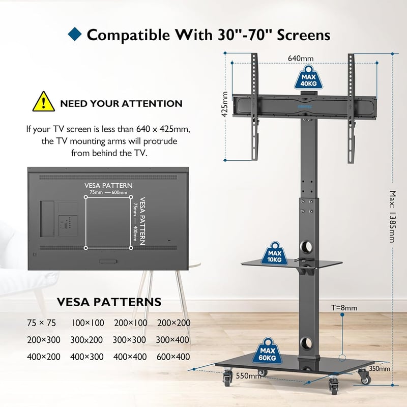 BONTEC Gurulós TV Állvány 30-70 Colos Képernyőkhöz, 40 kg Teherbírással, 6 Magasságállítással, 2 Edzett Üvegpolccal, VESA 600x400 mm