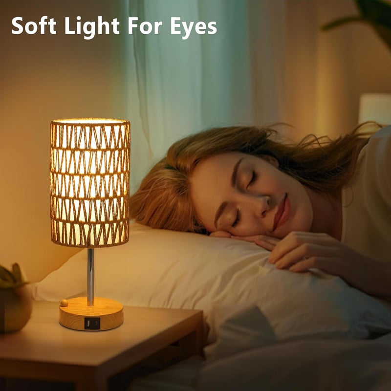 Rayofly Érintésvezérelt Éjjeli Lámpa Szett - 2 db Rattan Búrás Vintage Asztali Lámpa USB-A/C Töltővel, LED Izzóval, Bohém Stílusban Hálószob