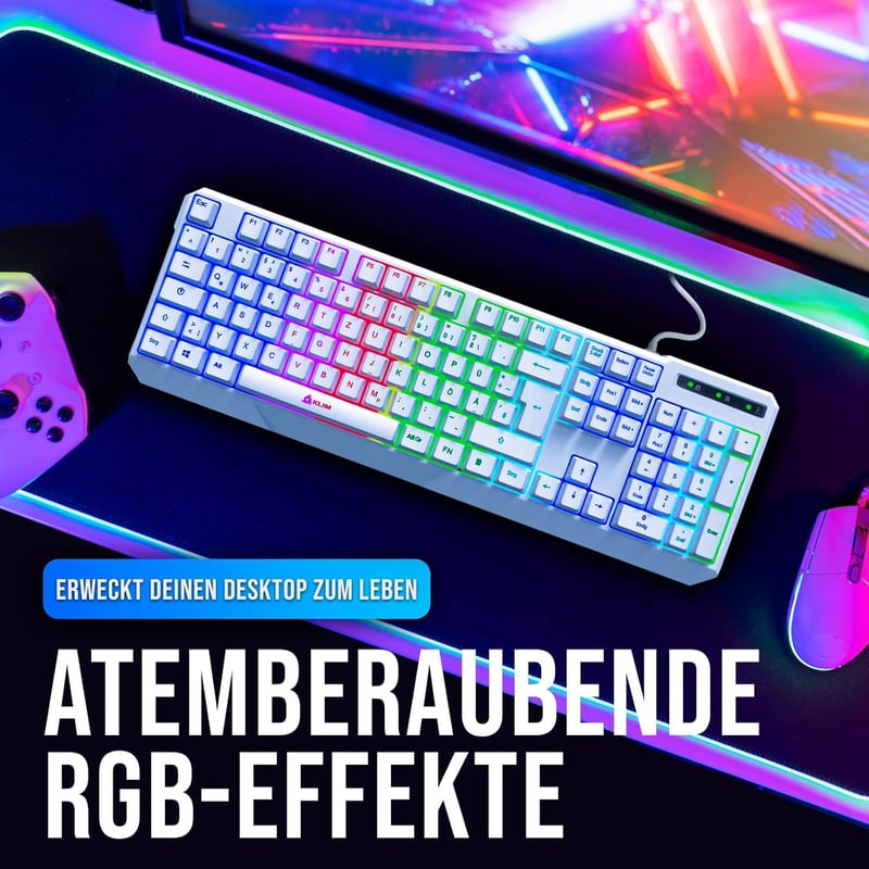 KLIM Chroma RGB Gamer Billentyűzet - Német QWERTZ, Fehér, Vízálló, Csendes Billentyűk, Tartós, Ergonomikus, USB Kábeles - PC, Mac, PS4, PS5 
