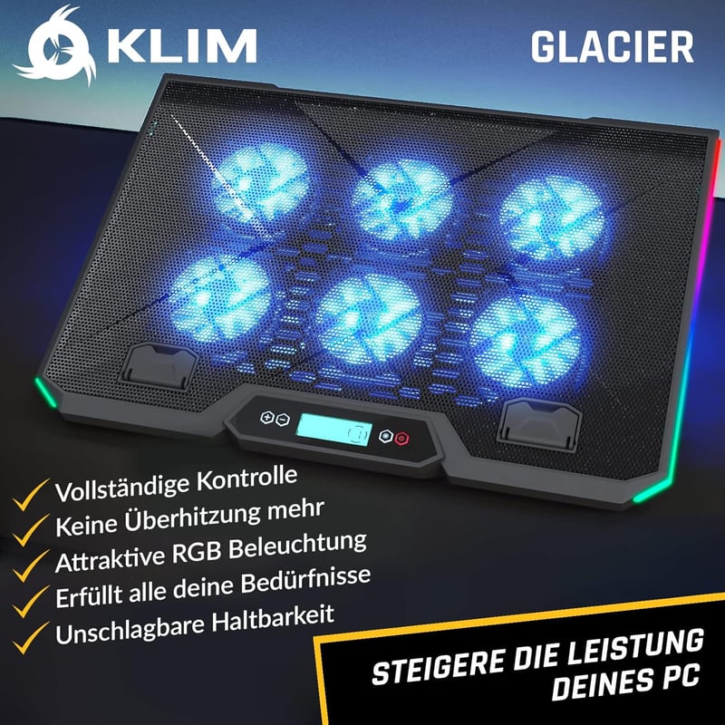 KLIM Glacier Laptop Hűtő - 6 Ventilátoros RGB Háttérvilágítással - 11-17 Colos Laptopokhoz - Stabil és Csendes Gamer Hűtőpad - USB Tápellátá