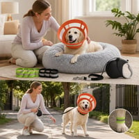 Gyógyuló kutyacsomag: védőgallér + 8 db fényvisszaverő klipsz + 8 m póráz + 80 cm donut ágy 1