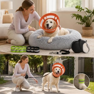 Paket za oporavak pasa: zaštitni ovratnik + 8 reflektirajućih kopči + 8 m povodac + 80 cm donut krevet
