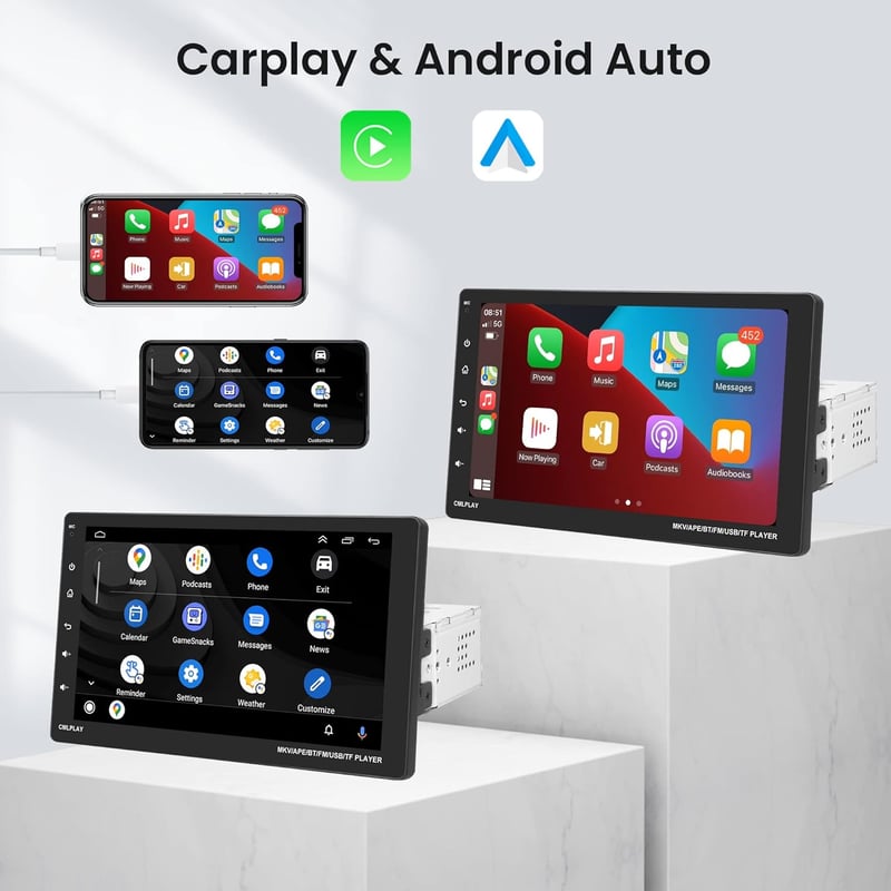 Carplay Autórádió 1 DIN 9" Kivehető Képernyővel - Android/iOS Tükrözés, Bluetooth Kihangosító, FM, USB, Kormányvezérlés, Tolatókamera