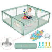 COMOMY XXL Bébi Járóka 180x200x66 cm - Gyerekeknek Puha Hálóval, Csúszásgátló Oxford Aljjal, Labdákkal, Mini Kosárral és 4 Húzógyűrűvel, Söt - 180x200x66cm, dark green 1