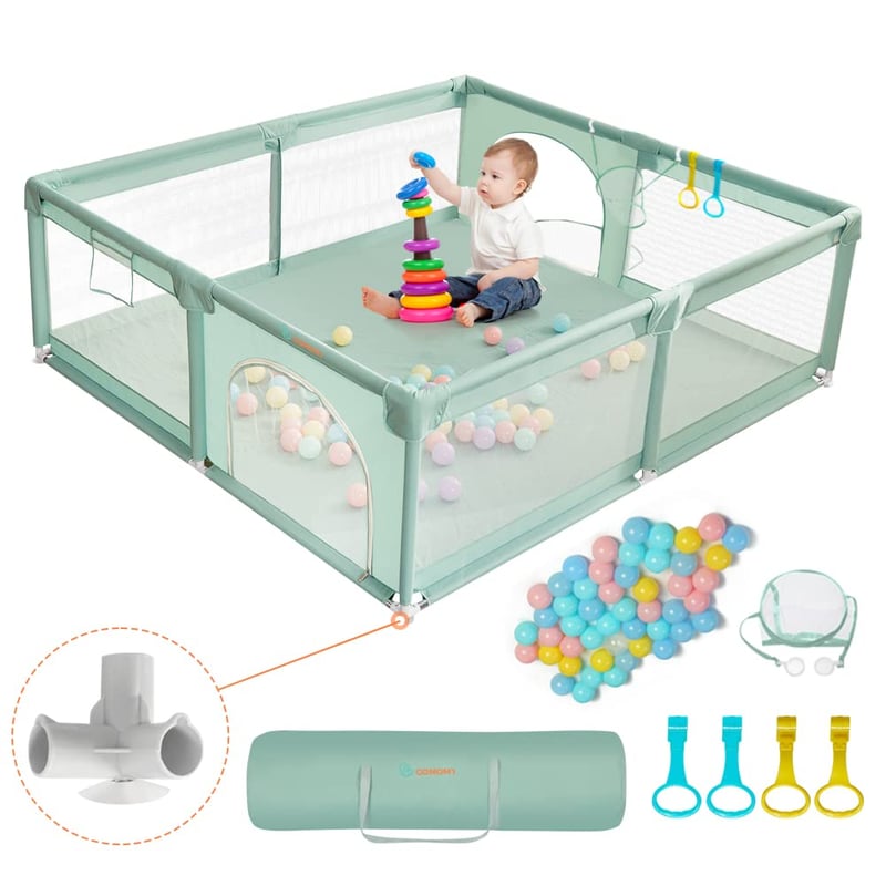 COMOMY XXL Bébi Járóka 180x200x66 cm - Gyerekeknek Puha Hálóval, Csúszásgátló Oxford Aljjal, Labdákkal, Mini Kosárral és 4 Húzógyűrűvel, Söt - 180x200x66cm, dark green