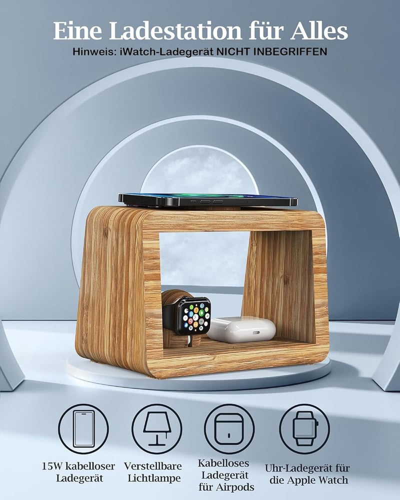 Alltripal 4 az 1-ben Vezeték Nélküli Töltőállomás Éjjeli Lámpával - iPhone, Apple Watch, AirPods Töltő Bambusz Dizájnnal