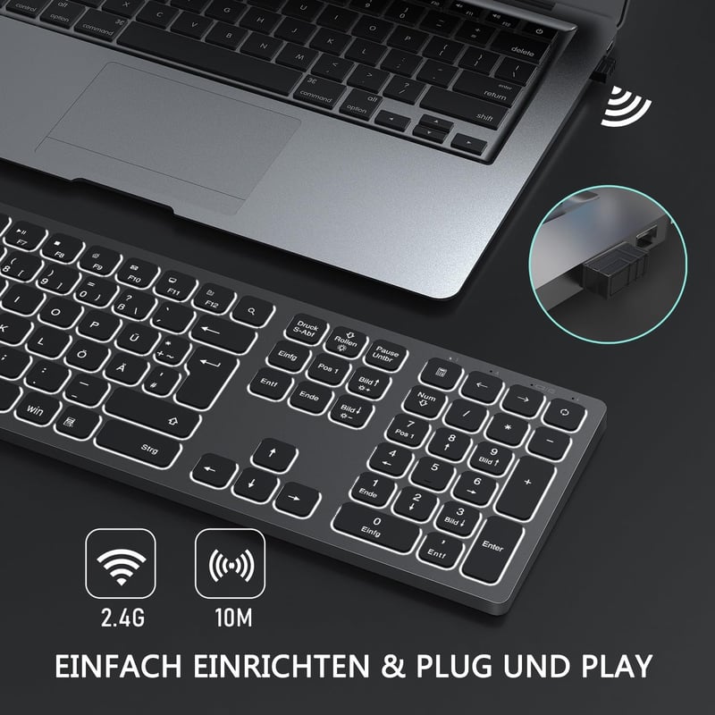 Seenda LED-es vezeték nélküli billentyűzet, QWERTZ, újratölthető, PC/laptop, űrszürke