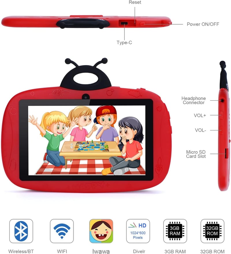 IdeaKid 7" Android 12 Gyerektablet 32GB - Katicabogár Dizájn, 3-7 Éveseknek