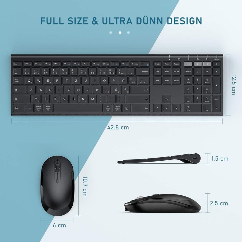 seenda Bluetooth Billentyűzet és Egér Szett - Vezeték Nélküli, Kettős Bluetooth & 2.4G USB, Német Kiosztású, Újratölthető, Mac/Windows/Andro