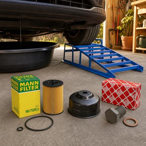 Kit schimb ulei auto: filtru + cheie 82 mm + șurub golire + rampă acces
