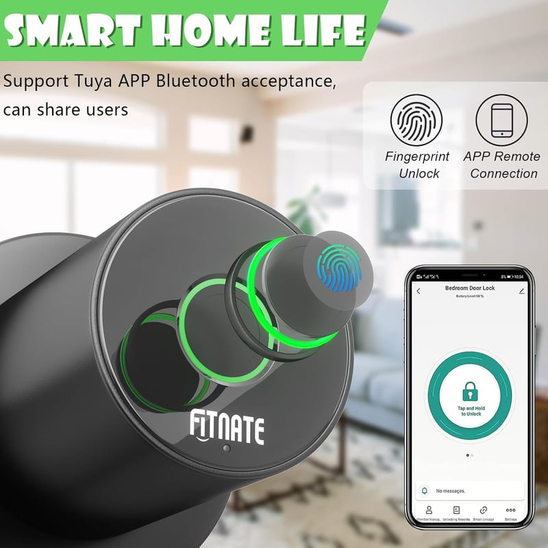 FITNATE Ujjlenyomat-olvasós Ajtókilincs, Okos Biometrikus Zár Applikációs Vezérléssel, Fekete, Hálószobába, Otthonba, Irodába