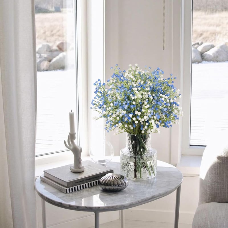 N&T NIETING Művirág Szett - 15 db Élethű Gypsophila Virágcsokor Esküvői Dekorációhoz, Kék és Fehér Színben, 29 cm