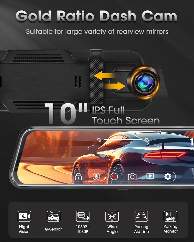 Vtopek T30-EU5 Tükör Menetrögzítő Kamera Szett - Dupla 1080P Felvétel, 10" IPS Érintőkijelző, 170°+140° Látószög, Éjjellátó, Tolatókamera