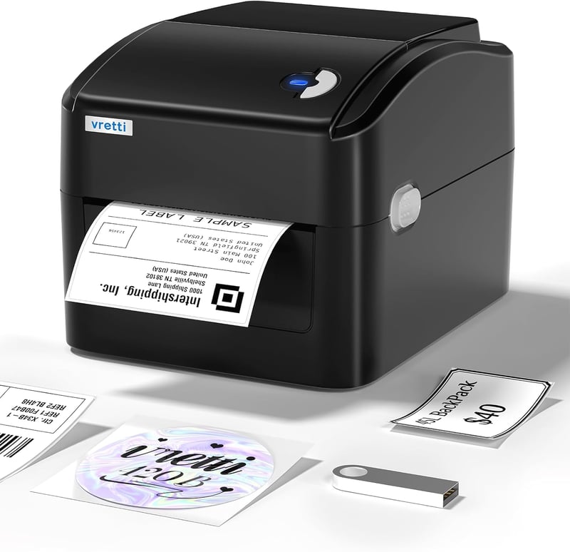 vretti USB Címkenyomtató XXL Papírtálcával - DHL Szállítási Címkékhez, Windows/Mac/ChromeOS/Linux Kompatibilis, 99,99% Vonalkód Olvasási Ará - black, USB