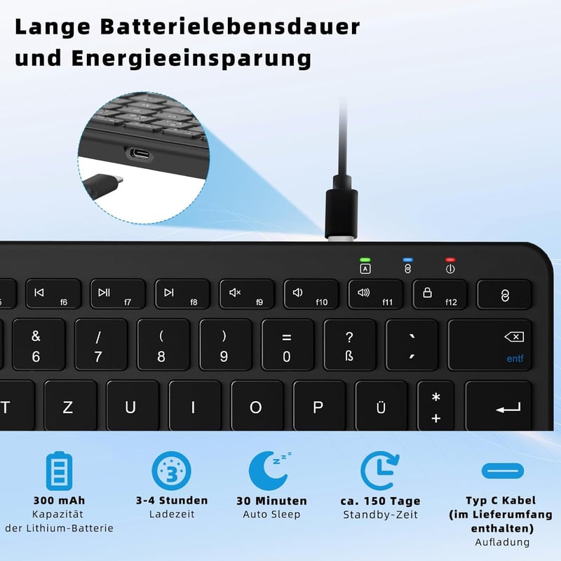 Qulose Vezeték Nélküli Bluetooth Billentyűzet - Újratölthető Mini Klaviatúra USB-C, Ultravékony Ergonomikus Dizájn, QWERTZ, Android/iOS/Wind
