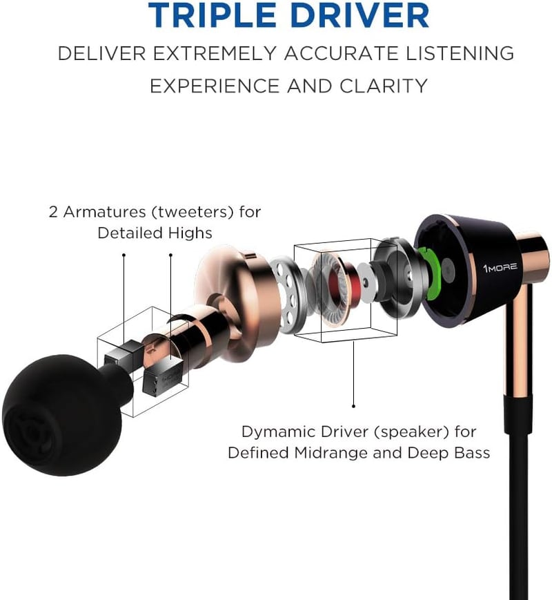 1MORE E1001 Triple-driver Hi-Fi fülhallgató mikrofonnal - iOS és Android kompatibilis prémium minőségű headset, arany színben