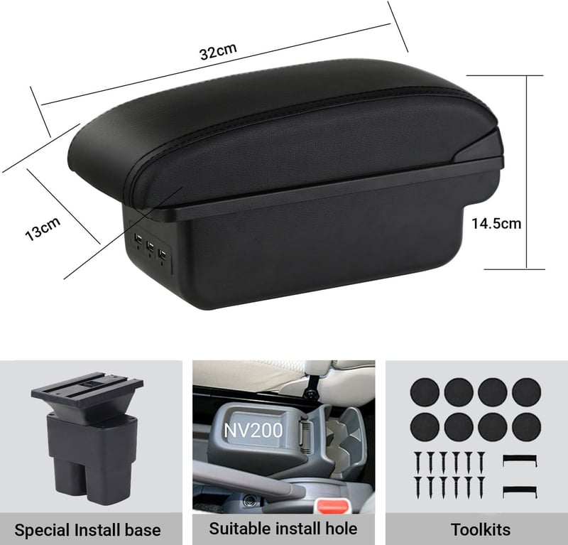 YJYWZH Nissan NV200 Evalia Kartámasz 2010-2017 - Dupla Rétegű Középkonzol Tárolódoboz 3 USB Töltőporttal, Fekete Varrással