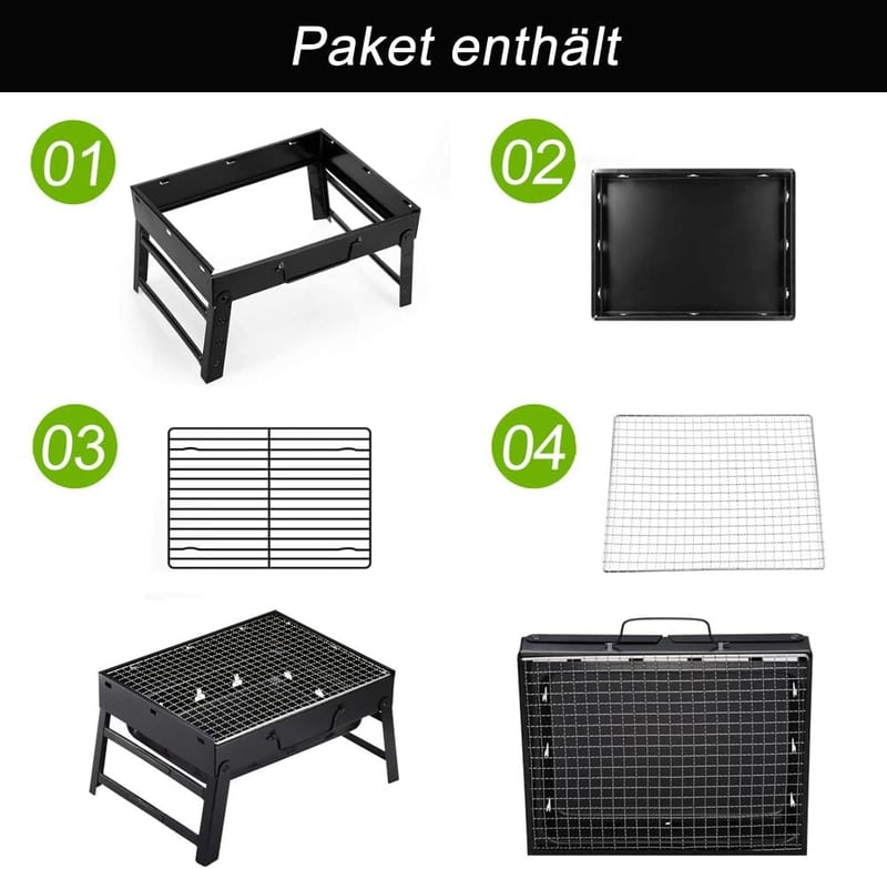 ROIMOE Hordozható Faszenes Grillsütő - Összecsukható Asztali BBQ Grill Kempingezéshez, Piknikezéshez, Fekete, Nagy Méret (43x29x22 cm)