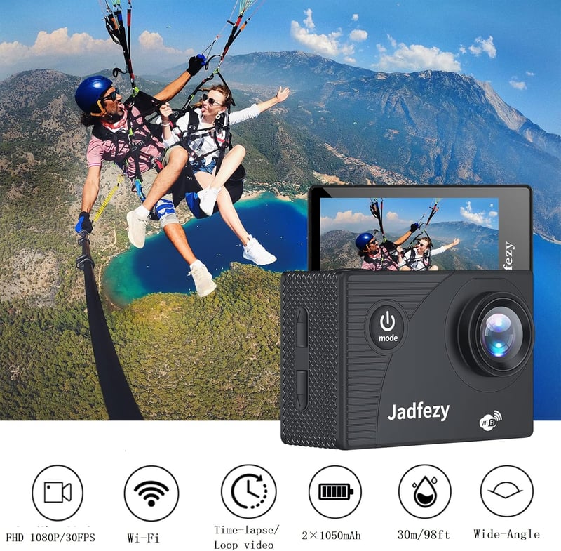 Jadfezy WiFi Akciókamera 1080P HD, 30m Vízálló, 2 Akkumulátorral és Tartozékokkal