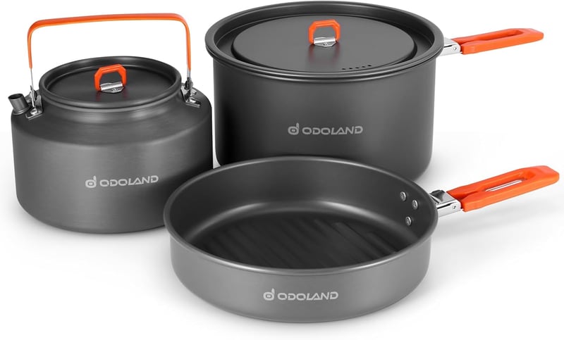 Odoland 4 részes kemping edénykészlet: 4L fazék, 2L teáskanna, 1.5L serpenyő - túrázáshoz, utazáshoz