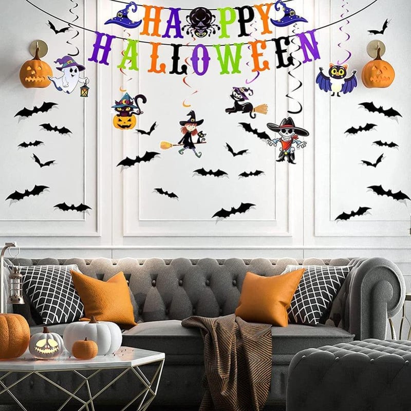 Halloween Dekor Szett: Szellemek, Denevérek, Töklámpás Zászlóval
