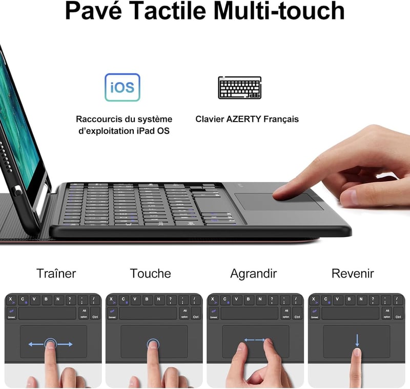 FOGARI iPad Billentyűzet Tok Trackpaddal - Vezeték Nélküli Leválasztható AZERTY Billentyűzet iPad 9/8/7, Air 3, Pro 10.5 Modellekhez, Ceruza