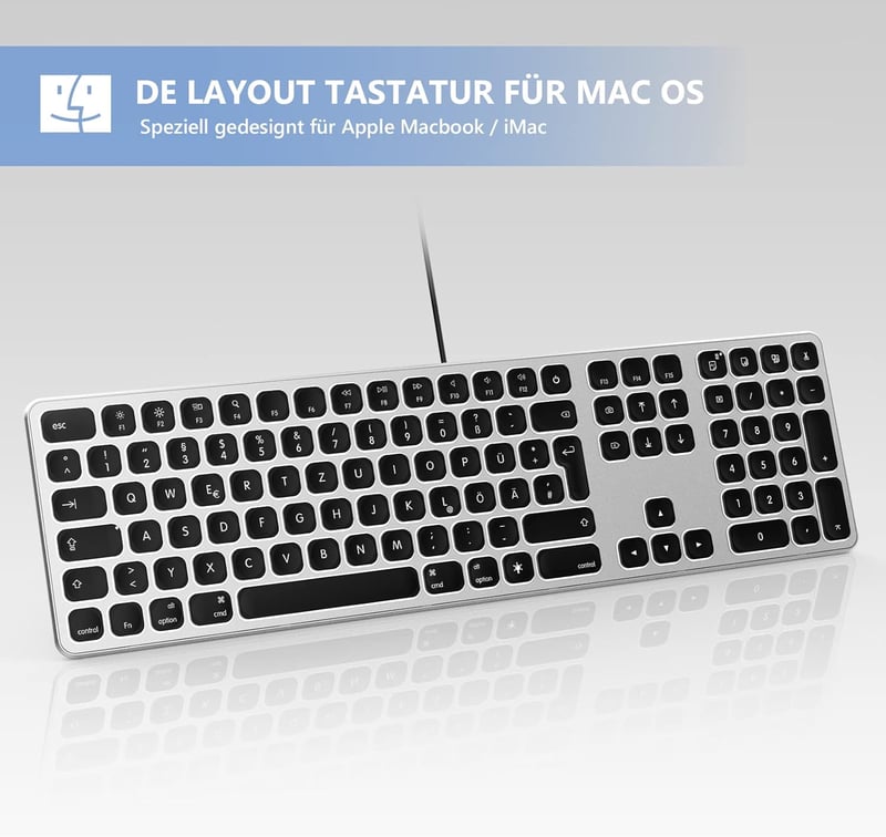 seenda Vezetékes Háttérvilágítású Mac Billentyűzet, USB és Type C Csatlakozással, Német QWERTZ Kiosztással, Apple iMac, MacBook Pro/Air Komp