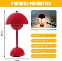 EXTRASTAR Gomba Alakú LED Asztali Lámpa - Piros Érintésvezérelt Fényerőszabályzós Lámpa 3 Színhőmérséklettel, USB Újratölthető, Hálószobába, 7