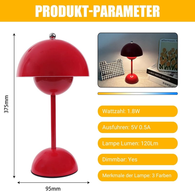 EXTRASTAR Gomba Alakú LED Asztali Lámpa - Piros Érintésvezérelt Fényerőszabályzós Lámpa 3 Színhőmérséklettel, USB Újratölthető, Hálószobába,